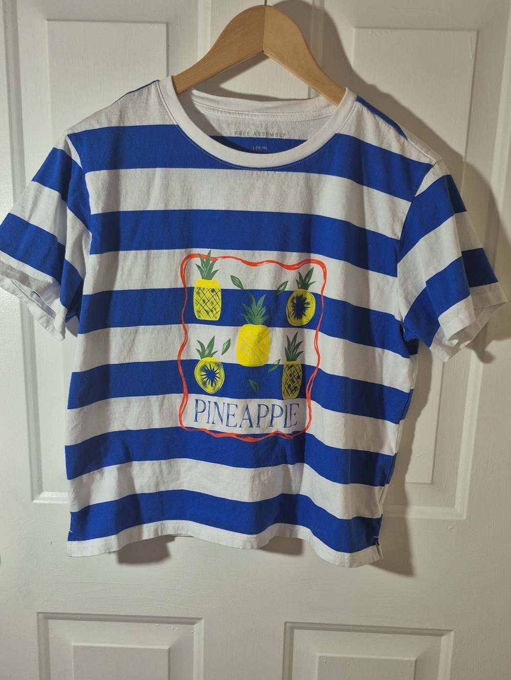 Free Assembly Womans Pineapple Stripe Tee - Blue & White Size L